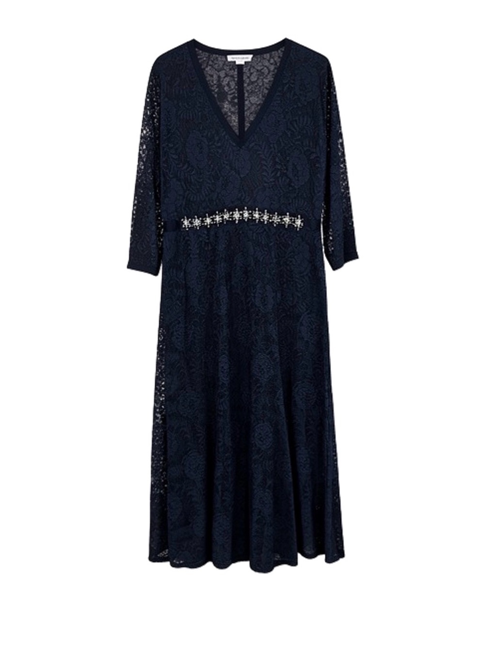 Miusol Navy Lace V-Neck Midi Dress with Embellished Waist